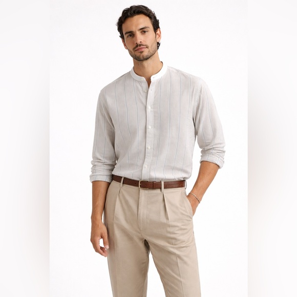 Eidos Italy Band Collar Button Up Men's Striped Cotton Gray Blue Shirt Medium